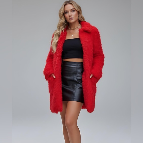 Red Fuzzy Coat With Pockets - Picture 3 of 11
